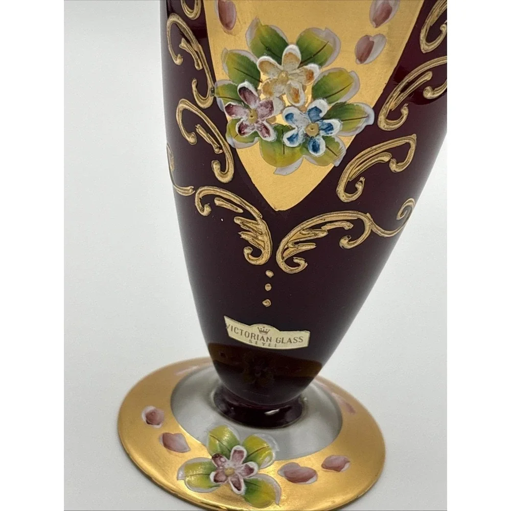 Seyei Japan Ruby Red Cranberry Glass Vase - 24K Gold Gilt & Enamel Flowers